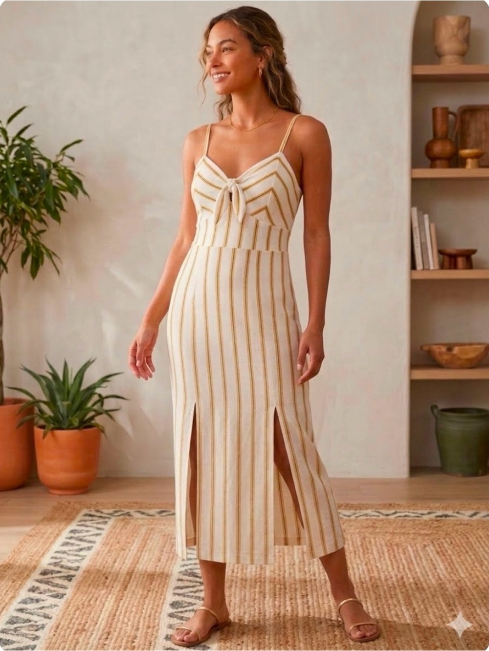 SO Cream Midi Dress with Gold Stripes, tie bust and Front Slits